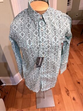 Rough Stock Panhandle Slim Western Shirt M NWT Pearl Snap Aqua Print